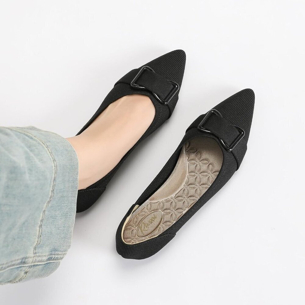 Women's Pointed Toe Flats Arch Support Dress Shoes Work Causal Ballets Black - Picture 7 of 9